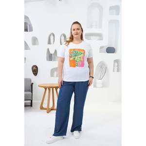 Camiseta de Manga Corta Blanca Estampada para Mujer Talla Grande RMG, Top Informal Cómodo de Mezcla de Algodón Tejido para Uso Diario - Product Image 5