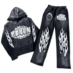 Custom High Quality Vintage <b>Tracksuit</b> Sweatsuit for Men Distress Acid Wash Hoodie and Sweatpants Set Winter Flare Pant Suit - Product Image 5