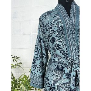 Bohemian Blue Black Floral New Silk Sari Kimono Luxury Anniversary Birthday Gift for Her Women's Regal House <b>Beach</b> <b>Robe</b> Single - Product Image 3