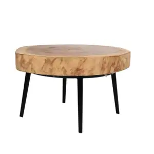 屋内と屋外用の天然木の色と鉄の脚を備えた無垢材で作られたモダンな丸いコーヒーテーブル