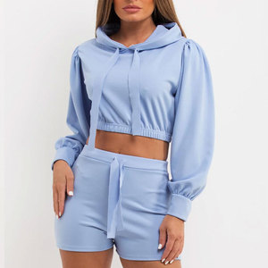 Conjunto de Sudadera Corta y Pantalones Cortos de Invierno para Mujer, Elegante y de Calidad Premium, Cómodo y Transpirable, Tejido de Felpa, 2 Piezas - Product Image 1