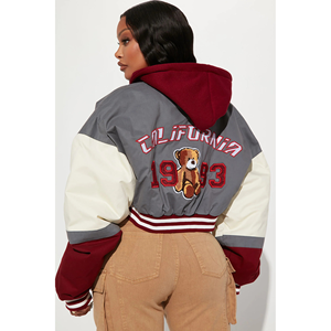 Qualité supérieure Corps court Varsity veste en peau de mouton à capuche grande taille chinelle broderie patch blouson aviateur pour dames - Product Image 2
