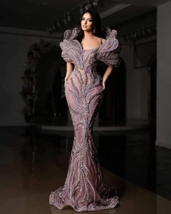Robe de soirée sirène chic à manches courtes en strass bleu marine perlé et cristal, respirante, pour le dropshipping 2025 - Product Image 1