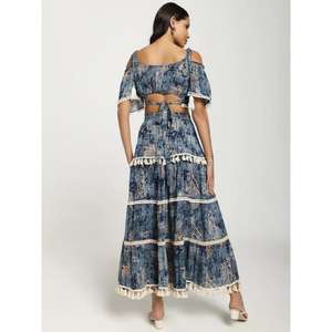 Womens Boho Two Piece Lehenga Set <b>Blue</b> Printed Crop <b>Top</b> Flared Skirt With Tassel Border Summer Resort Wear - Product Image 4