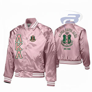 Alfa |   Kapa |   Chaqueta Bomber de Satén de Invierno Alpha Sorority con Letras Griegas en Rosa y Verde, Resistente al Viento, Chaqueta Bomber AKA Sorority - Product Image 3