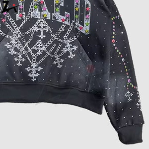 Sudadera con capucha desgastada con diamantes de imitación para hombres y mujeres Hip Hop bordado de letras sudadera informal de gran tamaño ropa de calle de moda - Product Image 3