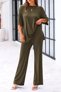 Womens 2 Piece Outfits 2025 Loose <b>Short</b> Sleeve Pullover Tops & <b>Wide</b> <b>Leg</b> Pants Lounge Sets Tracksuit for Summer - Product Image 4