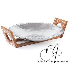 ถาดเสิร์ฟโลหะและไม้แนวชนบทพร้อมด้ามจับไม้แกะสลักสไตล์บ้านไร่ถาดปลอดภัยสำหรับห้องนั่งเล่นหรือตู้เสื้อผ้า - Product Image 5