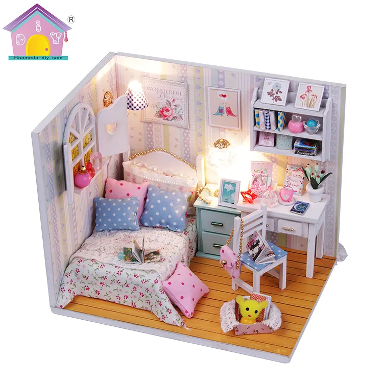 Hongda บ้านตุ๊กตา DIY สีชมพู บ้านตุ๊กตาจิ๋ว ชุดบ้านตุ๊กตาไม้สําหรับเด็กผู้หญิง