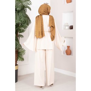 Stylish Casual Trendy <b>Chain</b> <b>Belt</b> Tunic and Pants Set in Beige Collarless Crepe Fabric Available in XXS XS XXL XL 2XL Sizes - Product Image 5