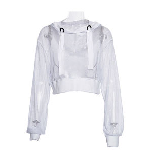 Sweat-shirt court à manches longues pour femmes, bloc de couleur unie, haut décontracté d'hiver avec logo d'insigne avant et capuche à cordon de serrage - Product Image 6