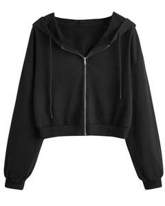<b>Women</b> <b>Black</b> <b>Cropped</b> Zip Up Hoodie Long Sleeve Drawstring Hooded Sweatshirt Casual Streetwear Winter Fashion <b>Top</b> <b>For</b> Ladies - Product Image 1