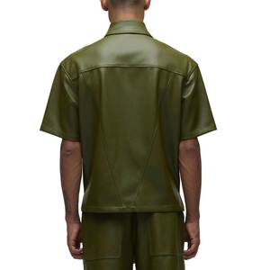 OEM Faux Leather Men's <b>Shirts</b> Oversized Streetwear Hip Hop Style Custom Logo <b>Short</b> <b>Sleeve</b> Button Up Jacket Casual Breathable - Product Image 6