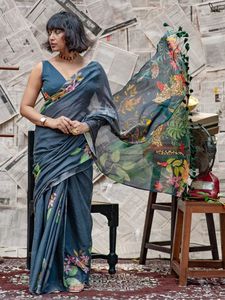 Sari Indio Premium Elegante de Algodón y Lino con Hermoso Estampado Digital, Largo hasta el Suelo, Informal, para Bodas y Fiestas, para Mujer, para Todas las Temporadas - Product Image 2