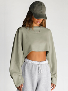 Sudadera con capucha de gran tamaño con hombros caídos de alta calidad para mujer, Tops cortos personalizados, cuello con capucha informal de Color sólido, estilo con patrón 3D - Product Image 2