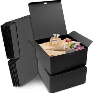 Mysterious Black Hot Foil Double Door Opening Flower Box Luxury Wedding Valentines Day Birthday Paperboard Flat Paper Bag