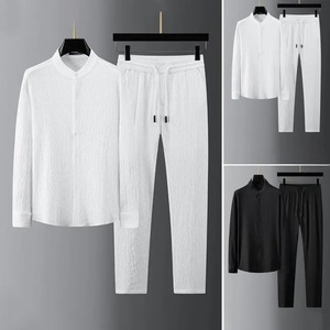 Conjunto de Dos Piezas para Hombre de Invierno, Camisa de Cuello Alto con Pliegues y Color Sólido, Corte Holgado, Pantalones Activos con Cintura Elástica - Product Image 5