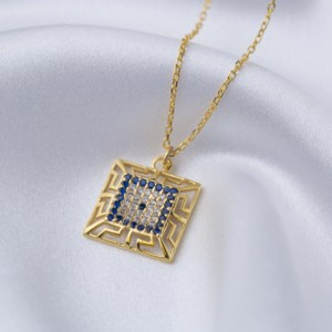 Collier avec pendentif en forme géométrique carrée œil turc à motif grec, bijoux faits à la main en Turquie, vente en gros, pendentif en argent sterling 925 - Product Image 2