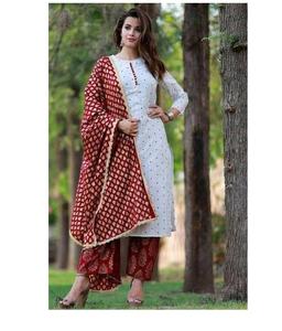 Vêtements ethniques pour femmes, ensemble en coton imprimé, kurta plazzo et duppata, avec impression sur feuille, travail du dieu rayonne kurti dupata, indien - Product Image 1