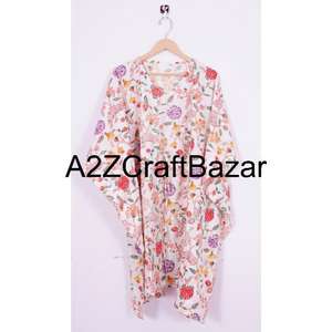 Vestido Kaftan Corto Hecho a Mano 100% Algodón Puro para Mujer, Estilo Bohemio con Estampado Floral, Ropa de Playa, Suave, Transpirable y Cómoda para el Verano - Product Image 6