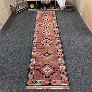 Tapis en laine turque 3,2x13,4 pieds, petit tapis vintage patchwork Herki orange et bleu, avec support en latex écologique - Product Image 1