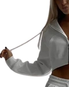 Customized <b>Women</b> <b>Grey</b> Crop <b>Zip</b> <b>Hoodie</b> Casual Long Sleeve Hooded Sweatshirt With Front Zipper Rib Cuff Fashion Winter Wear Top - Product Image 6