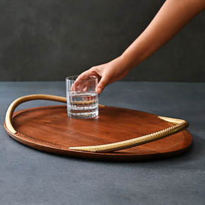 Mejor calidad superior Recién llegado Mango Bandeja de madera para servir Plato Forma ovalada Mango de metal pulido natural para aperitivos de té - Product Image 3
