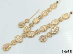 Fleur et ovale élégant Kundan indien fantaisie traditionnel ton or Kundan perle Long collier boucle d'oreille ensemble avec Mangtikka femmes fille - Product Image 5