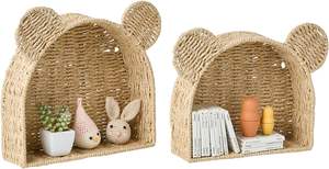 Handwoven Bear Shaped Rattan Wall Shelf | Decorative Wicker Floating <b>Bookshelf</b> <b>for</b> <b>Kids</b> Room Nursery and Playroom Wall Decor - Product Image 3