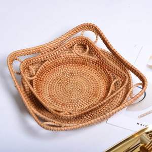 NATURAL ROUND RATTAN TRAY/ Rattan Hand Woven Round High <b>Wall</b> Severing Tray Food Storage <b>Plate</b> for Breakfast, Drinks - Product Image 5