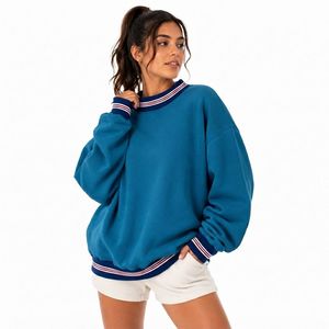 Sweat-shirt surdimensionné à col montant côtelé rayé orange brûlé pour femme, pull en molleton doux à manches longues - Product Image 6