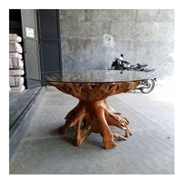Table à manger rustique de luxe 6 places en bois flotté, teck recyclé et racine d'arbre avec plateau en verre trempé, idéale pour cuisine et salon – Vente directe usine