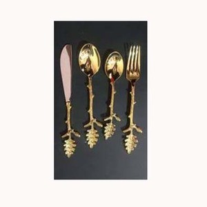 Inexpensive Kitchen Cutlery <b>Spoon</b> <b>Fork</b> <b>Set</b> Gold Mirror Polished with Twig & Leaf End Handle Flatware Design - Product Image 1