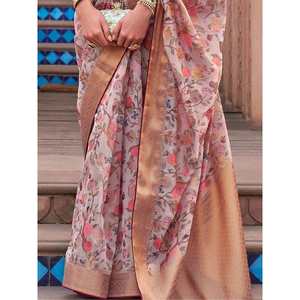 Majestic Pink Floral <b>Printed</b> Organza Saree with Blouse for Weddings - Product Image 2