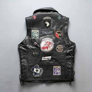 Gilet de motard vintage en cuir noir respirant et toile, avec col rond, ajustement réglable et lacets latéraux, vêtement d'extérieur - Product Image 3