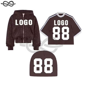 <b>Men's</b> Streetwear Hoodie & Premium Boxy Fit Rhinestone <b>T</b>-<b>Shirt</b> with Bold Letter Print & Functional <b>Pocket</b> Heavyweight Beanie - Product Image 2