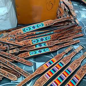 Soft <b>Padded</b> Cow Leather Beaded Dog Collar With Hand Tooling & Carving Wholesale Manufacturer Design for Dog Uses - Product Image 4