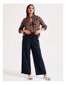 กางเกงขายาวผ้าทอพร้อมสายรัดเอวยางยืดกางเกงผ้าฝ้ายเอวสูงสีกรมท่าสำหรับผู้หญิง - Product Image 1