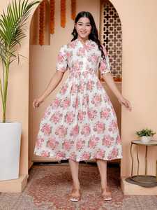 Robe midi en coton blanc imprimée à la main, robe bohème à fleurs, tenue d'été quotidienne pour femmes - Product Image 3