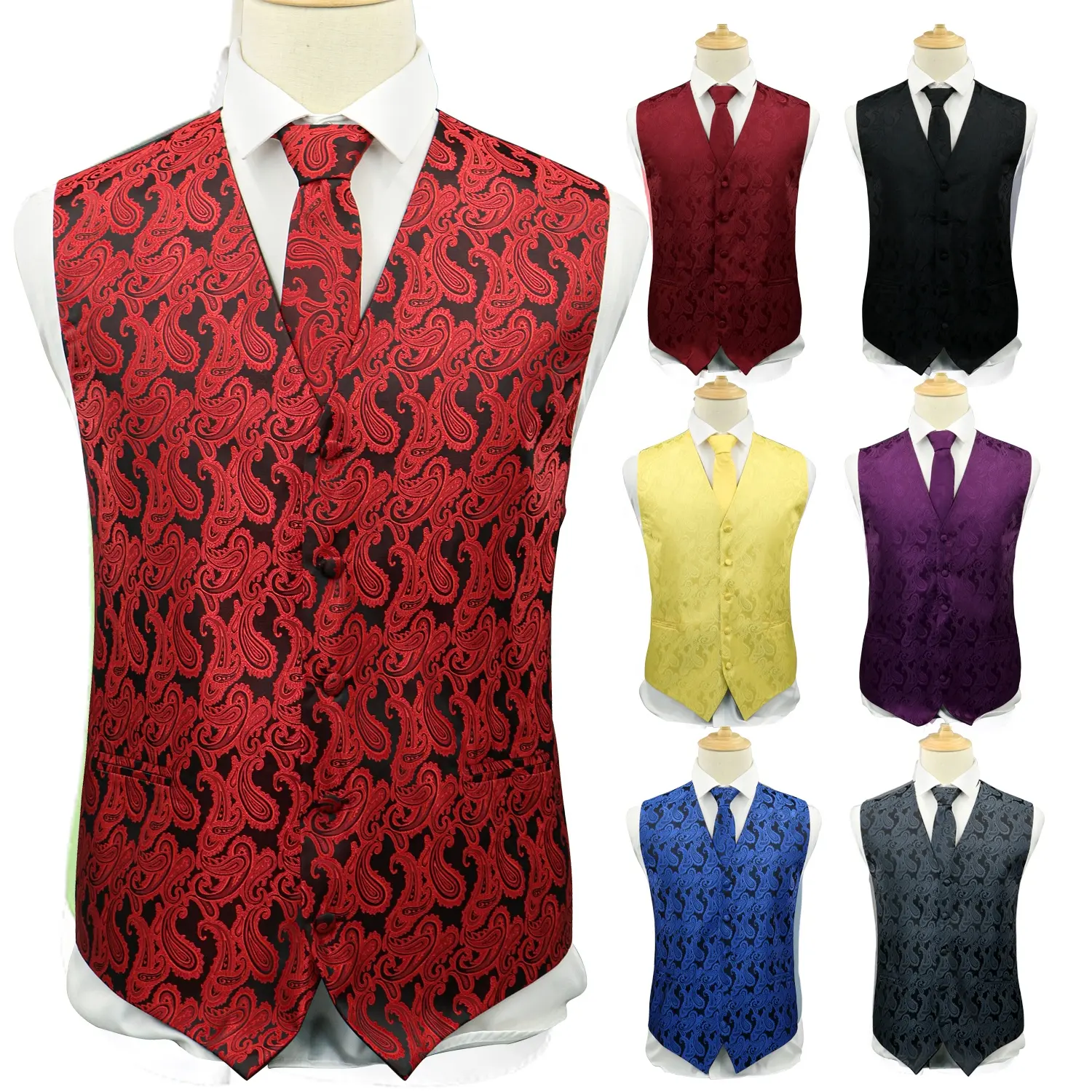 Waistcoat High Quality Men's Vest Tie Set Paisley Floral Jacquard Necktie Pocket Square Formal Waistcoat For Suit Or Tuxedo