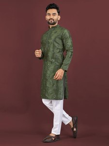 Kurta Shalwar de Verano Indio para Hombre, 100% Piel Sintética, Transpirable, Corte Regular, Manga Larga, Ropa Moderna para Fiestas y Uso Casual, Absorbe la Humedad - Product Image 3