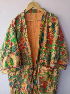Veste Kimono Réversible en Coton Kantha Unisexe, Robe à Fleurs de Luxe Faite à la Main, Manteau Pêche Tropicale avec Cordon, pour Tenue Décontractée Printemps - Product Image 2