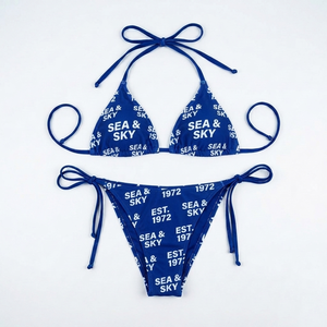 Premium 220 GSM polyester spandex teal abstract print <b>string</b> <b>bikini</b> <b>set</b> heat transfer logo Women <b>Bikini</b> <b>Set</b> - Product Image 4