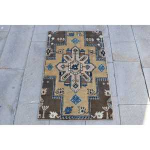 Vintage Turkish Rug, 2.1x3.3 ft Small Rug, <b>Brown</b> Blue Camouflage <b>Wool</b> Rug - Product Image 1