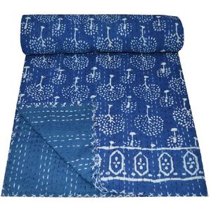 Hand Block Print Indigo Blue Kantha Bed Cover Reversible Bedding Bedspread Twin Size Vintage Cotton <b>Quilt</b> <b>Set</b> - Product Image 2