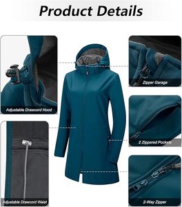 Chaqueta de lluvia Softshell impermeable larga para mujer con capucha transpirable con forro polar cortavientos - Product Image 3
