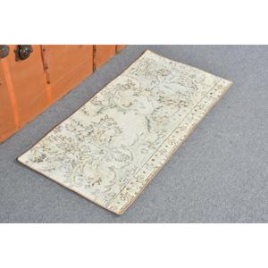 Turkish Vintage Rug, 1.6x3.3 ft Rug, White <b>Brown</b> Ikat Wool Rug - Product Image 2