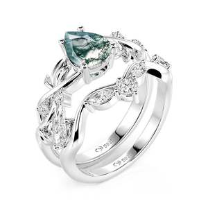 Jeulia Intertwined Leaf Pear Cut Moss Agate <b>Ring</b> <b>Set</b>-Rose Gold Plated <b>Silver</b> Fashion <b>Ring</b> - Product Image 5