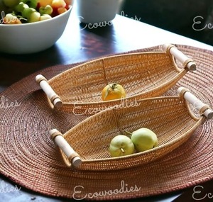 Design antique bambou rotin bateau forme Long décor plateau de fruits fait à la main en osier Style Shikara vaisselle assiette de service - Product Image 1