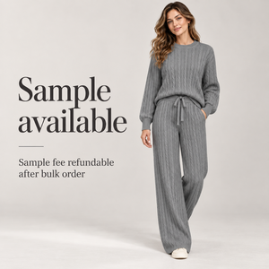 FNJIA Set Due Pezzi da <span class=keywords><strong>Donna</strong></span> in <span class=keywords><strong>Maglia</strong></span> Intrecciata, Maglione e Pantaloni Larghi con Coulisse, Abbigliamento Comodo per Casa, Personalizzabile OEM all'Ingrosso - Product Image 2